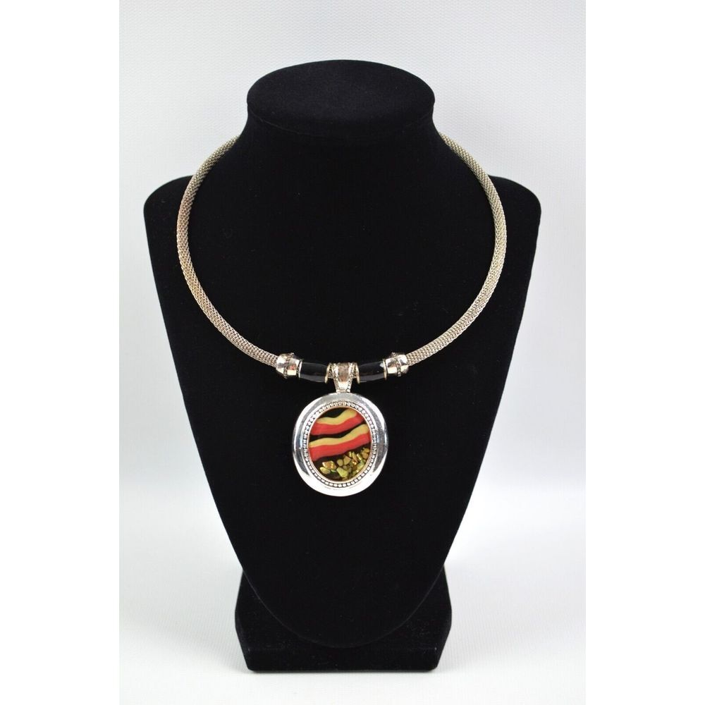 Vintage Silver Tone Snake Choker w/ Round Pendant Sunset Pattern‎ 16"